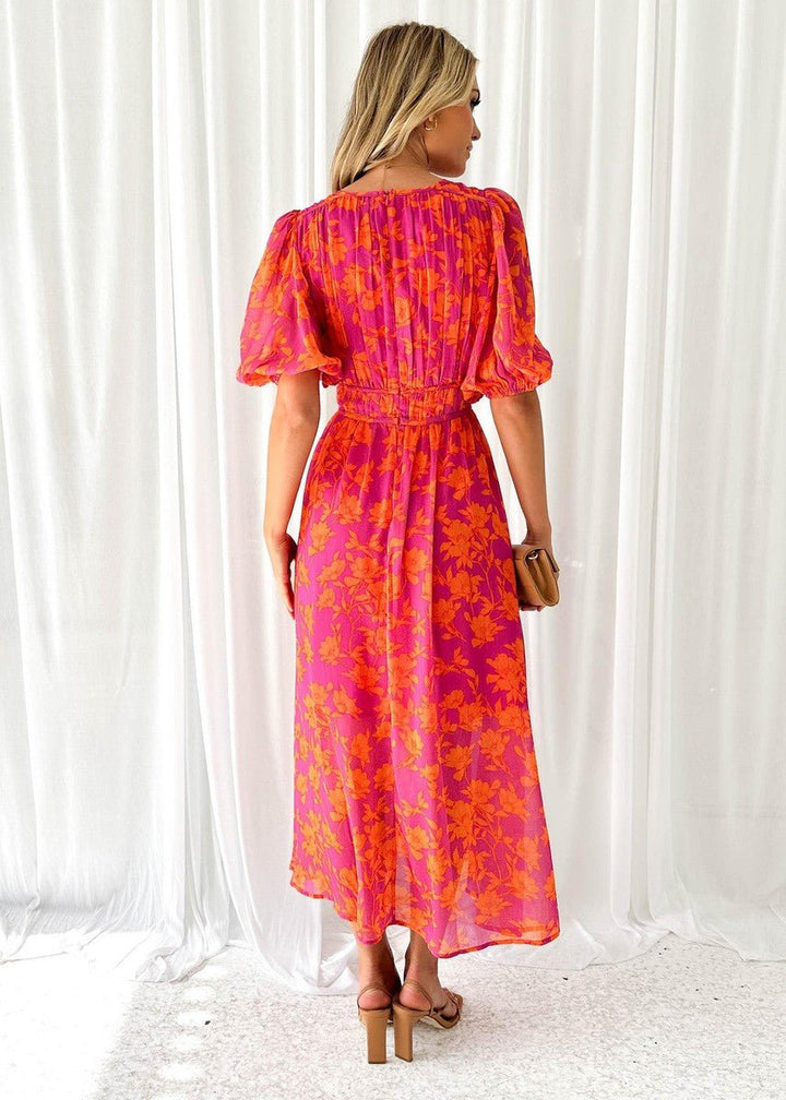 Womens_Floral_Midi_Dress_With_Puff_Sleeves_and_V_Neck_3