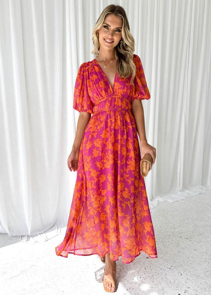 Womens_Floral_Midi_Dress_With_Puff_Sleeves_and_V_Neck_4