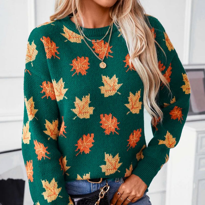 Womens_Knit_Jumper_Leaf_Design_Round_Neckline_1