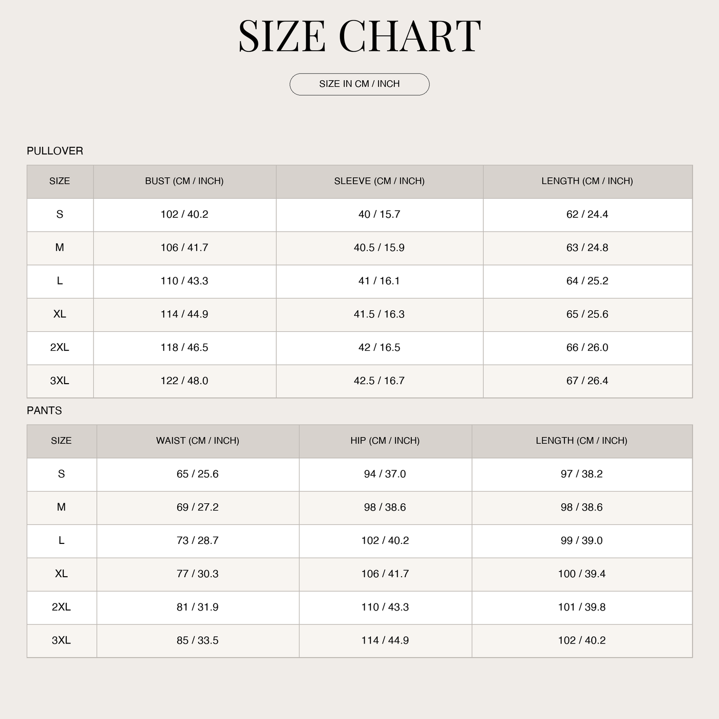 Women's Leisure Set – Pure Comfort and Contemporary Appeal size chart