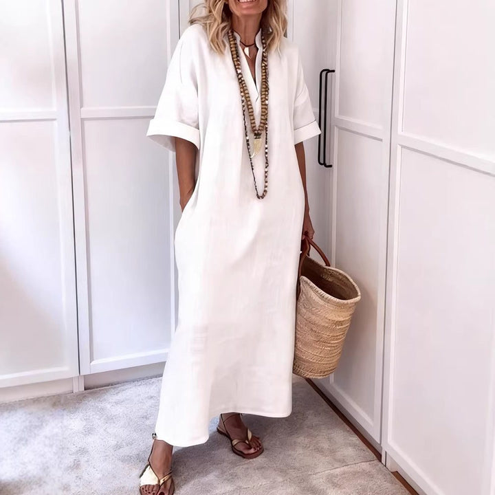 Womens_Linen_Maxi_Shift_Dress_With_V_Neck_and_Pockets_1