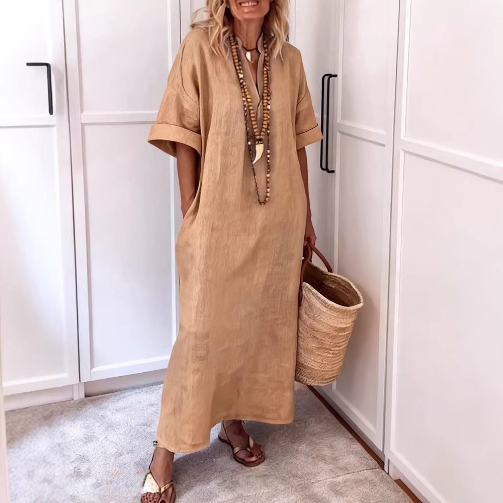Womens_Linen_Maxi_Shift_Dress_With_V_Neck_and_Pockets_2