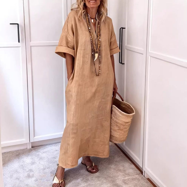 Womens_Linen_Maxi_Shift_Dress_With_V_Neck_and_Pockets_2