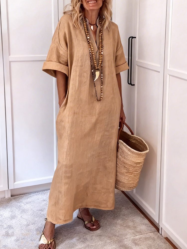Womens_Linen_Maxi_Shift_Dress_With_V_Neck_and_Pockets_5