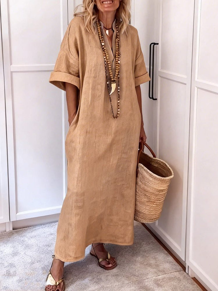 Womens_Linen_Maxi_Shift_Dress_With_V_Neck_and_Pockets_5
