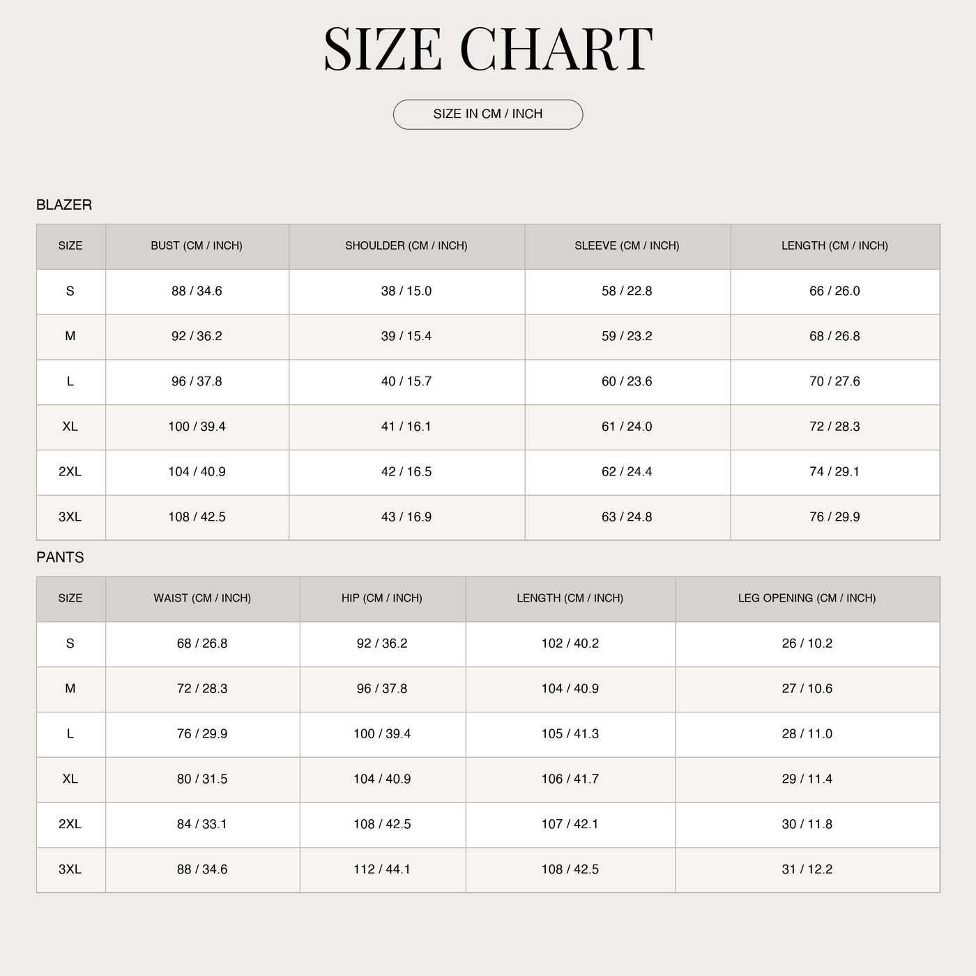 Women's Longline Blazer and Wide Leg Pants Set – Elegant Tailored size chart