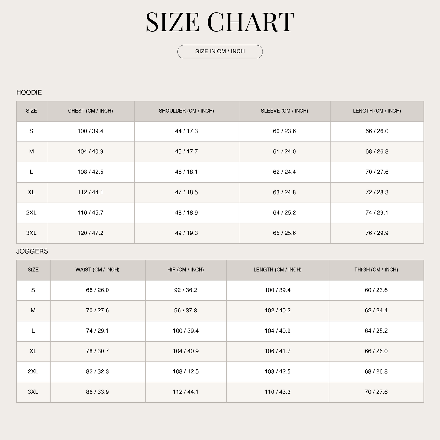 Unisex Loungewear Set – Hoodie with Matching Joggers size chart