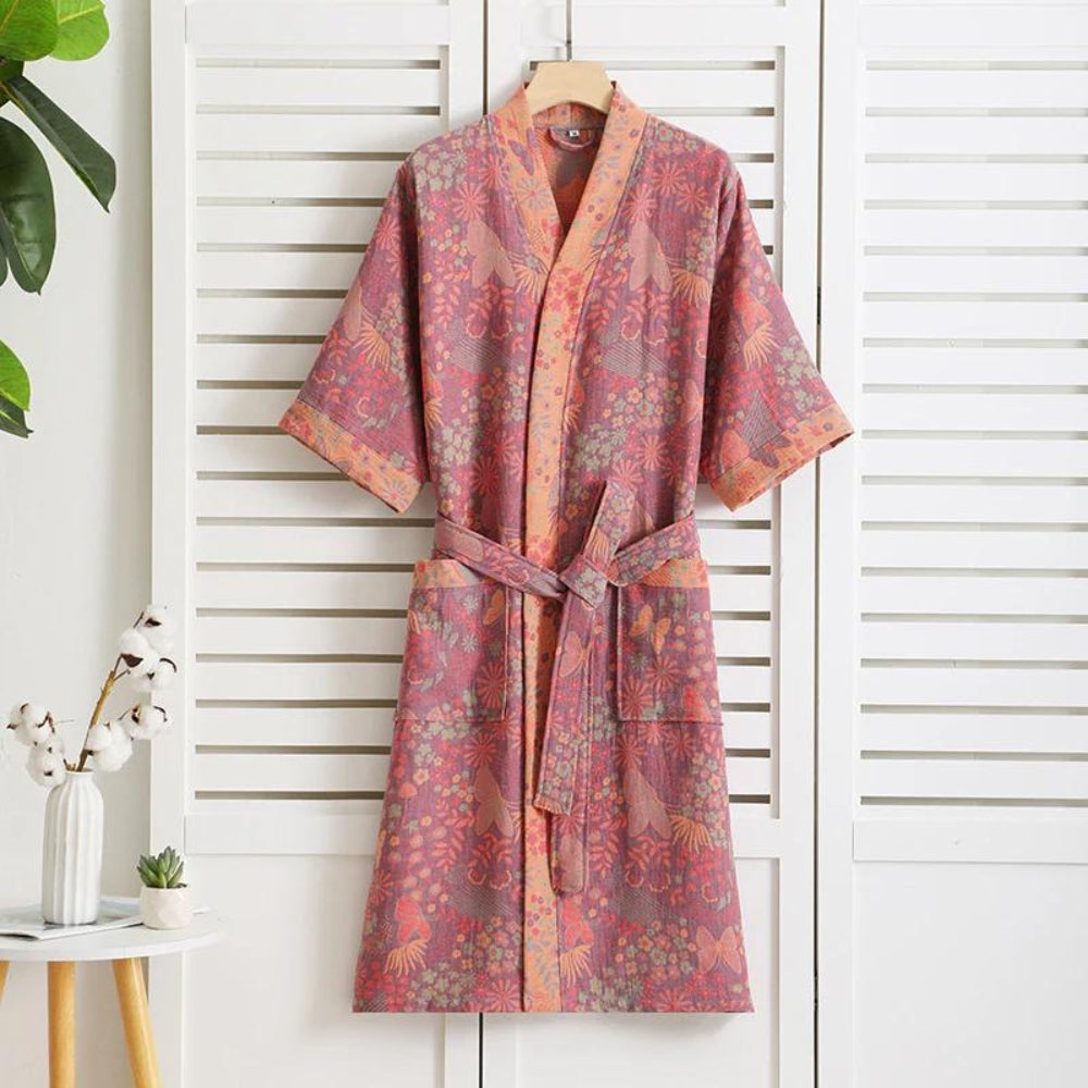 Women's Luxurious Cotton Bathrobe – Light & Breathable with Vintage-Print 1