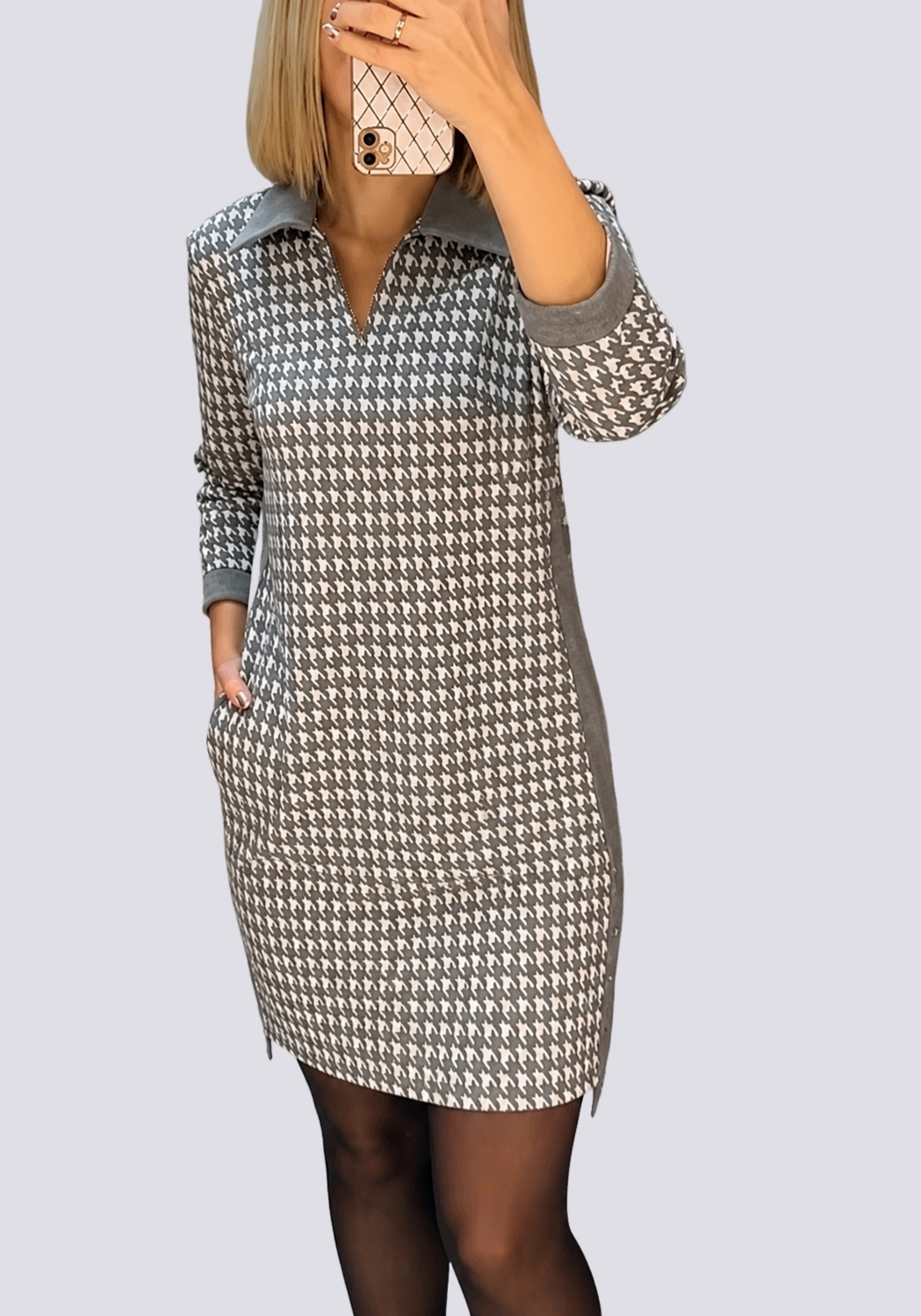 Womens_Mini_Dress_Houndstooth_with_Zip_Front_1