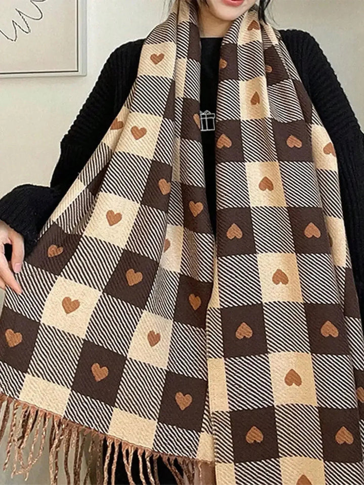 Women's Noble Scarf – Crafted from Wool-Cashmere Mix with Charming Heart-Plaid Pattern 3