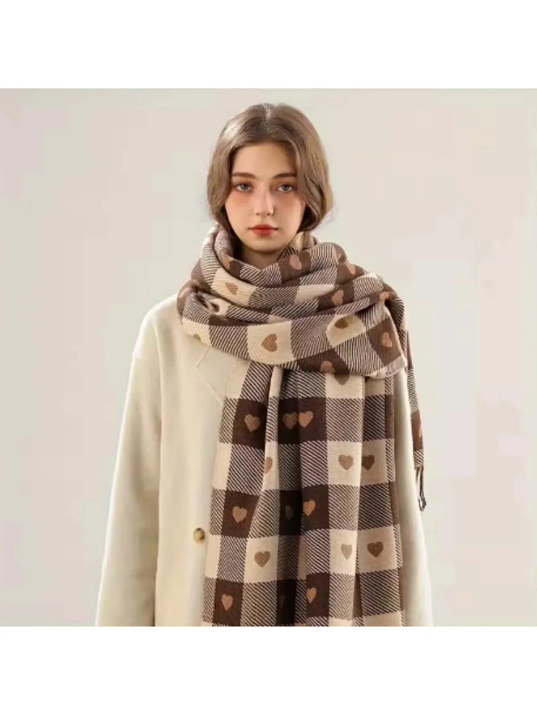Women's Noble Scarf – Crafted from Wool-Cashmere Mix with Charming Heart-Plaid Pattern 5