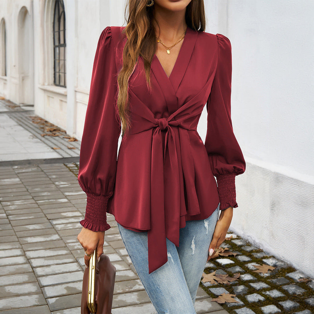 Womens_Puff_Sleeve_Blouse_With_V_neck_and_Tie_Waist_4