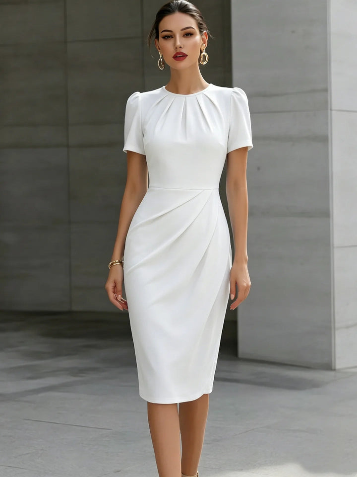Womens_Refined_Dress_Midi_Cinched_Waist_and_Pleated_Neck_1