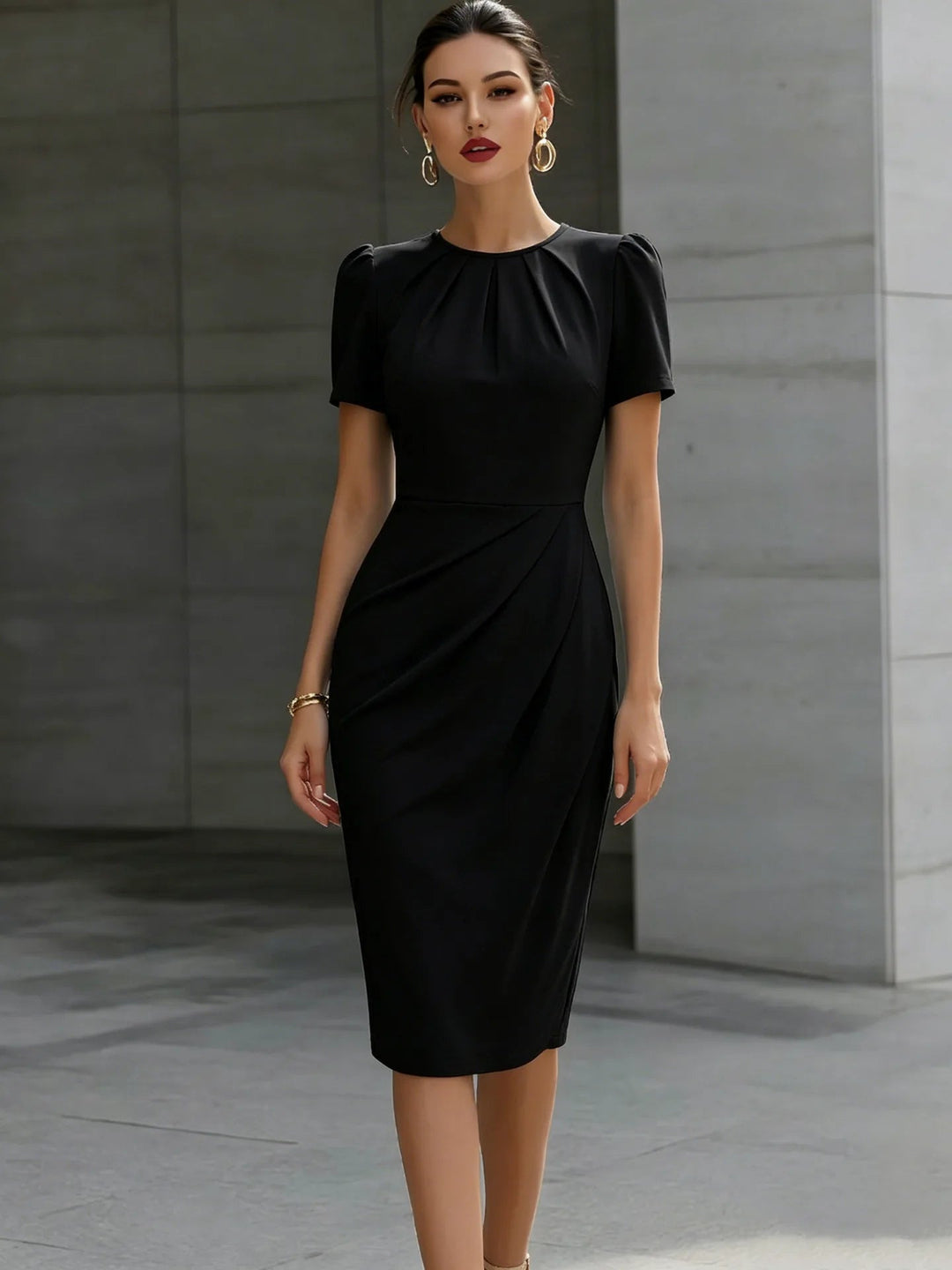 Womens_Refined_Dress_Midi_Cinched_Waist_and_Pleated_Neck_2