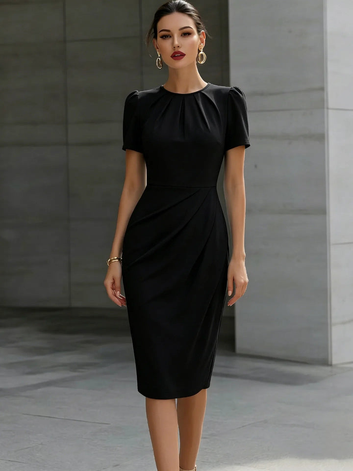 Womens_Refined_Dress_Midi_Cinched_Waist_and_Pleated_Neck_2