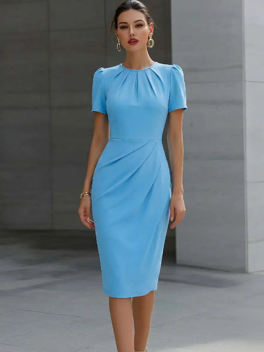 Womens_Refined_Dress_Midi_Cinched_Waist_and_Pleated_Neck_4
