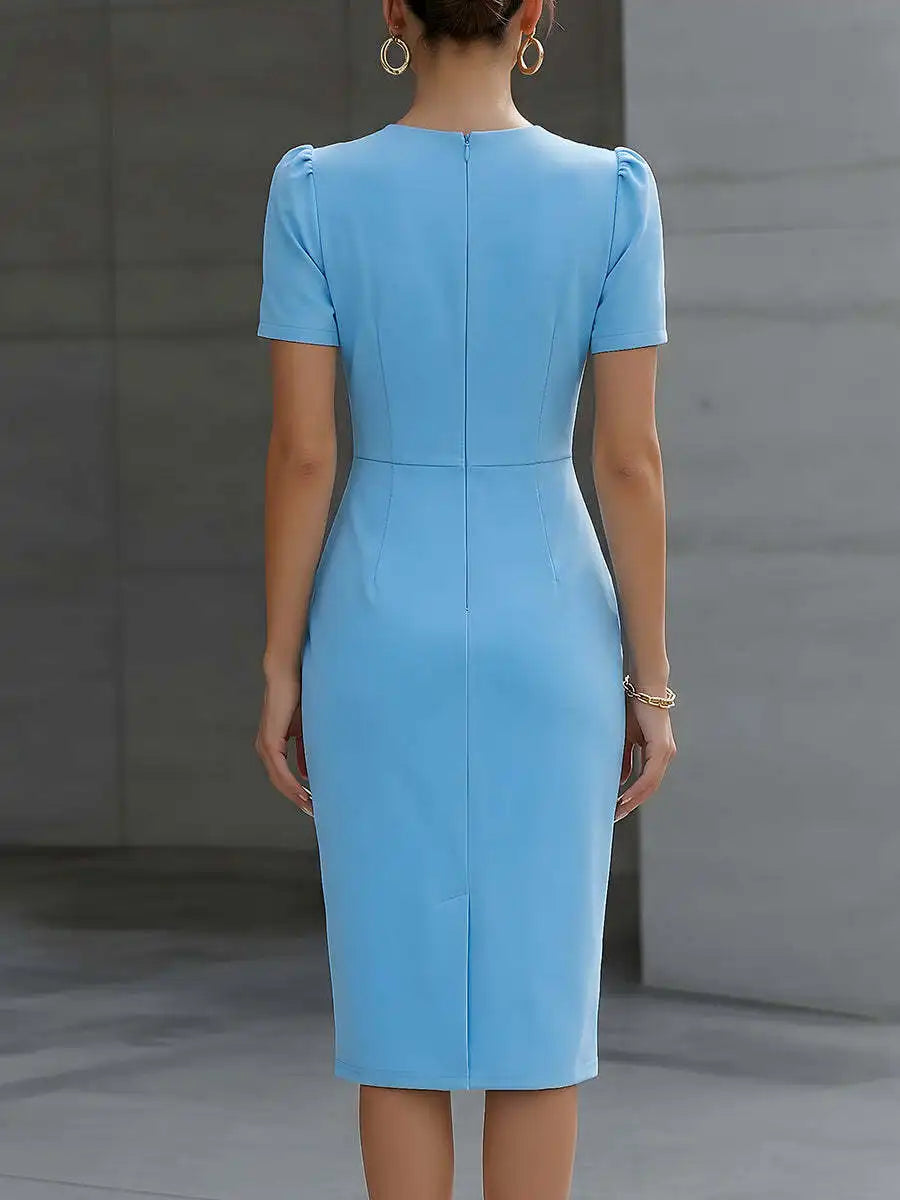 Womens_Refined_Dress_Midi_Cinched_Waist_and_Pleated_Neck_5