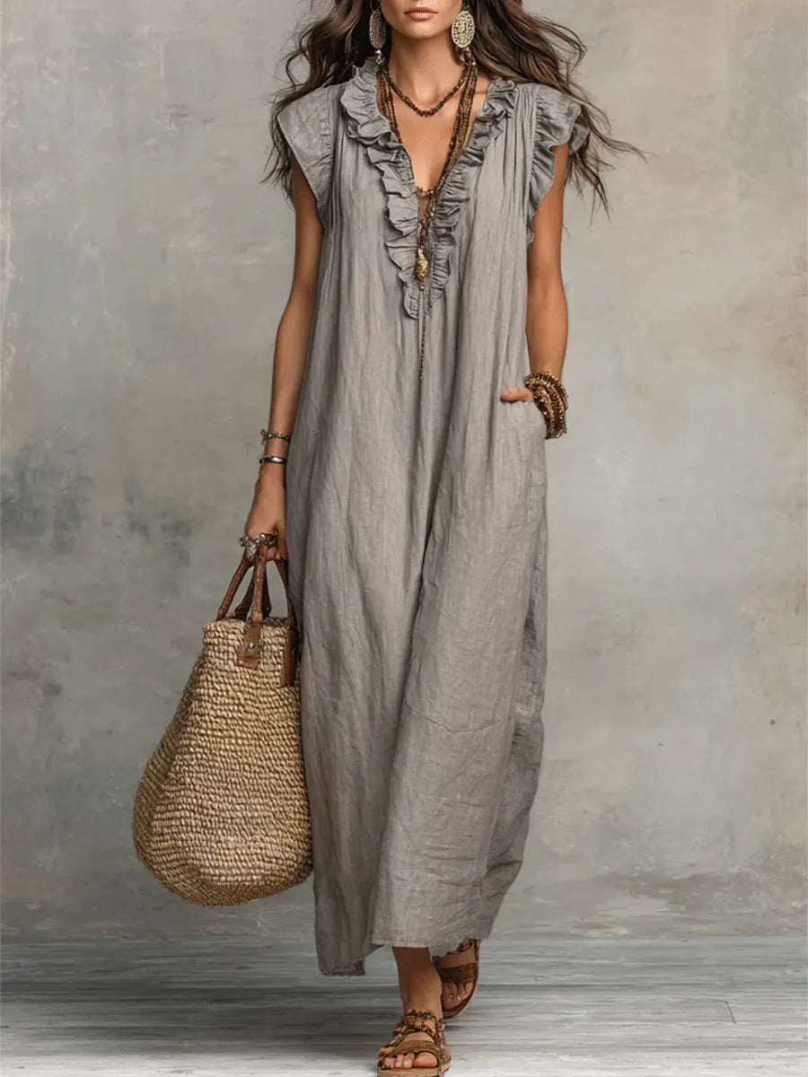 Womens_Romantic_Linen_Look_Maxi_Dress_Ruffle_Collar_with_Pockets_1