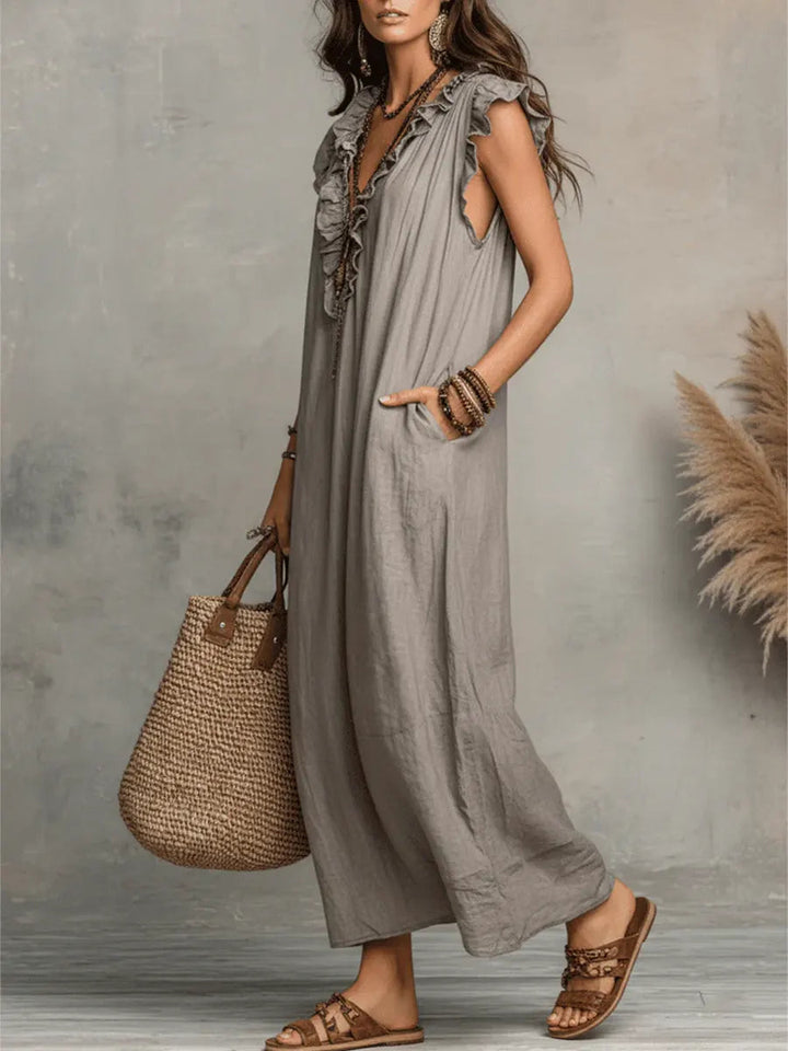 Womens_Romantic_Linen_Look_Maxi_Dress_Ruffle_Collar_with_Pockets_2