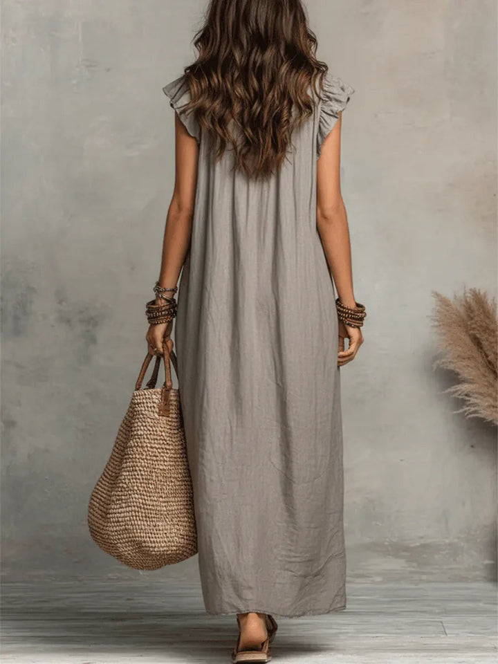 Womens_Romantic_Linen_Look_Maxi_Dress_Ruffle_Collar_with_Pockets_3