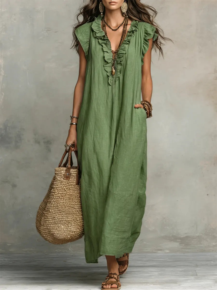 Womens_Romantic_Linen_Look_Maxi_Dress_Ruffle_Collar_with_Pockets_4