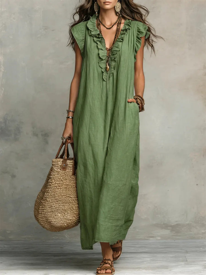 Womens_Romantic_Linen_Look_Maxi_Dress_Ruffle_Collar_with_Pockets_4