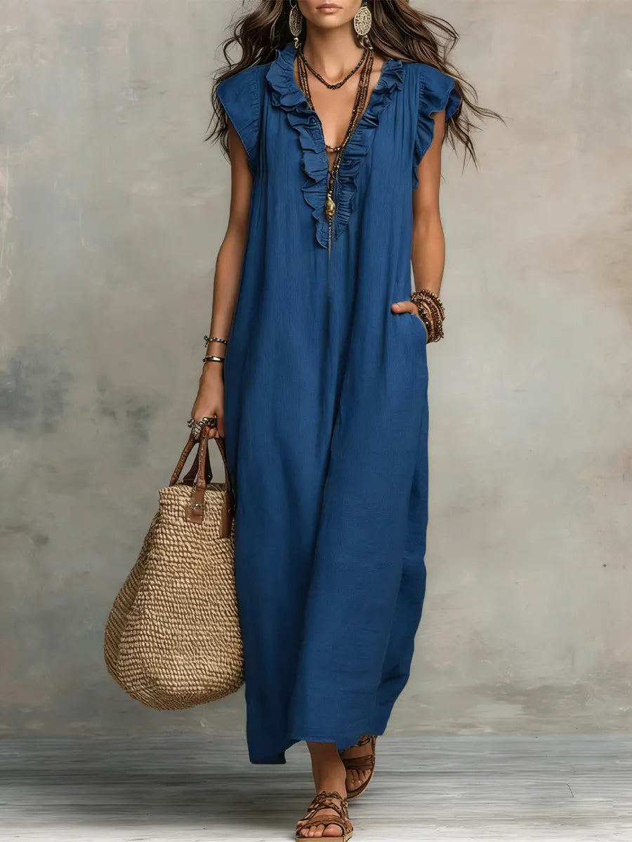 Womens_Romantic_Linen_Look_Maxi_Dress_Ruffle_Collar_with_Pockets_5