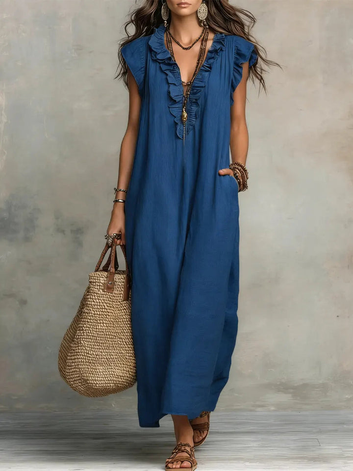 Womens_Romantic_Linen_Look_Maxi_Dress_Ruffle_Collar_with_Pockets_5