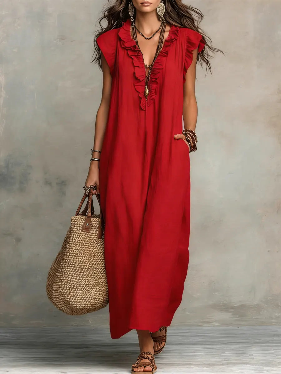 Womens_Romantic_Linen_Look_Maxi_Dress_Ruffle_Collar_with_Pockets_6
