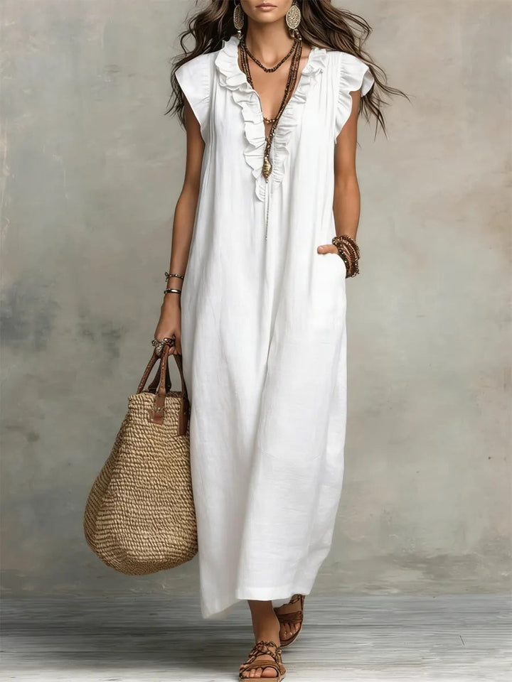 Womens_Romantic_Linen_Look_Maxi_Dress_Ruffle_Collar_with_Pockets_7