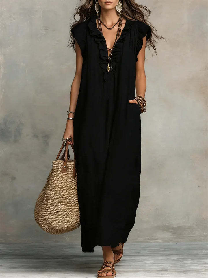 Womens_Romantic_Linen_Look_Maxi_Dress_Ruffle_Collar_with_Pockets_8