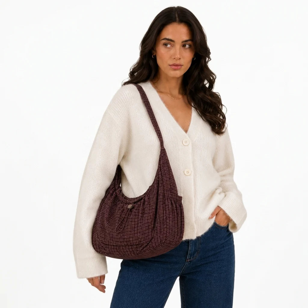 Women's Spacious Shoulder Bag – Fine Checkered Pattern 1