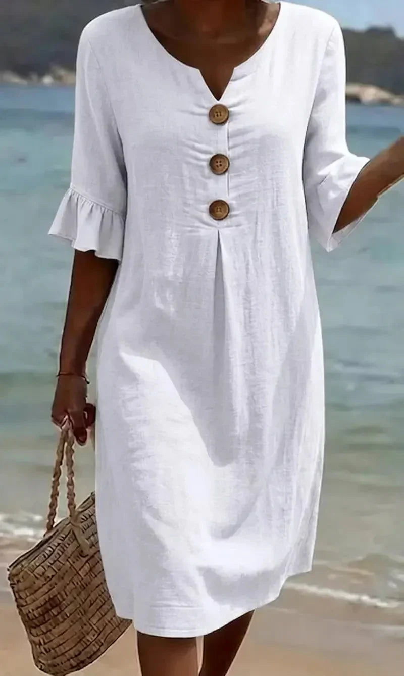 Womens_Summer_Midi_Dress_Linen_Look_with_Wooden_Buttons_and_Ruffles_1