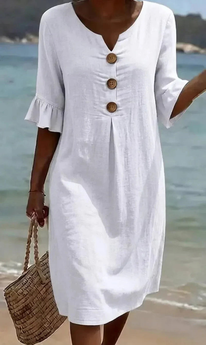 Womens_Summer_Midi_Dress_Linen_Look_with_Wooden_Buttons_and_Ruffles_1