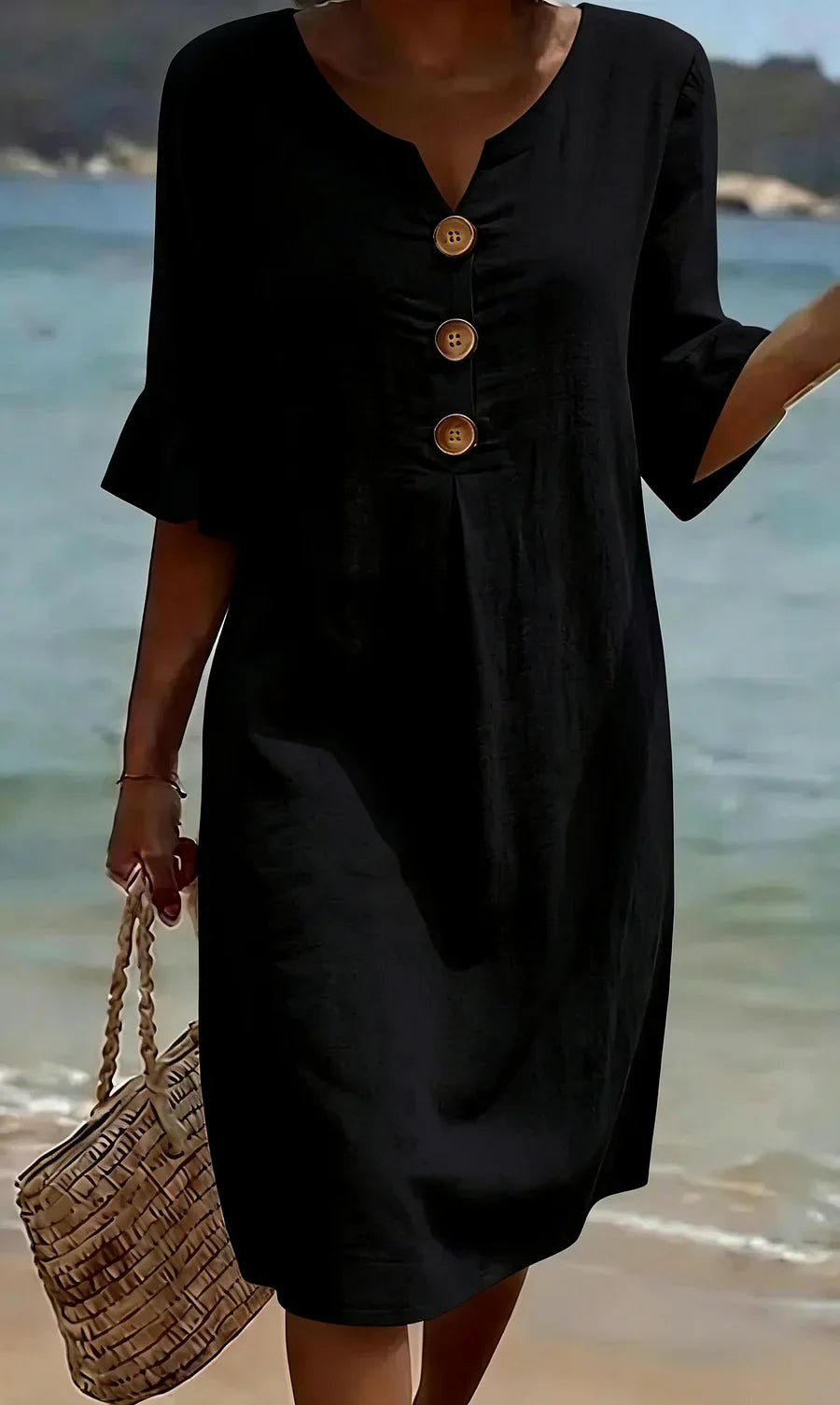 Womens_Summer_Midi_Dress_Linen_Look_with_Wooden_Buttons_and_Ruffles_2