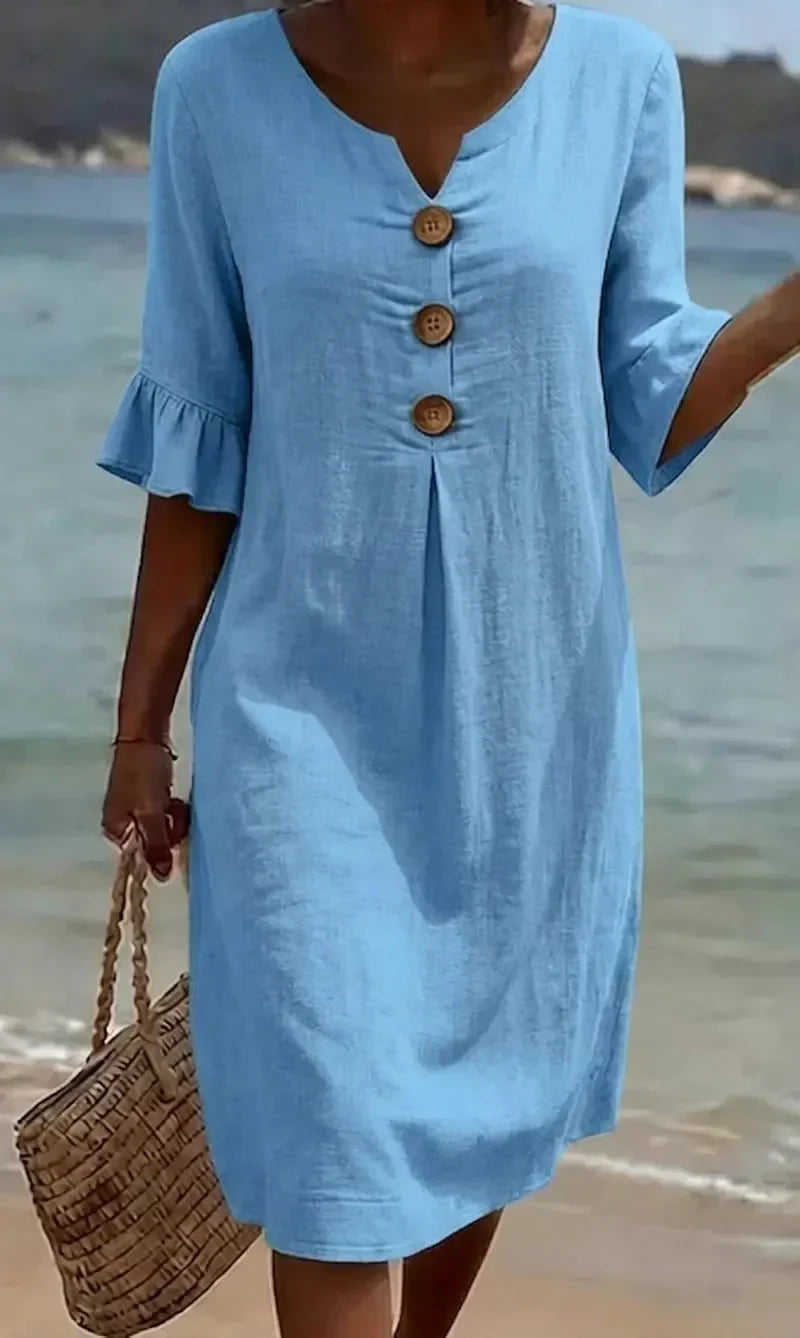 Womens_Summer_Midi_Dress_Linen_Look_with_Wooden_Buttons_and_Ruffles_3