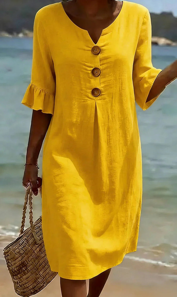 Womens_Summer_Midi_Dress_Linen_Look_with_Wooden_Buttons_and_Ruffles_4