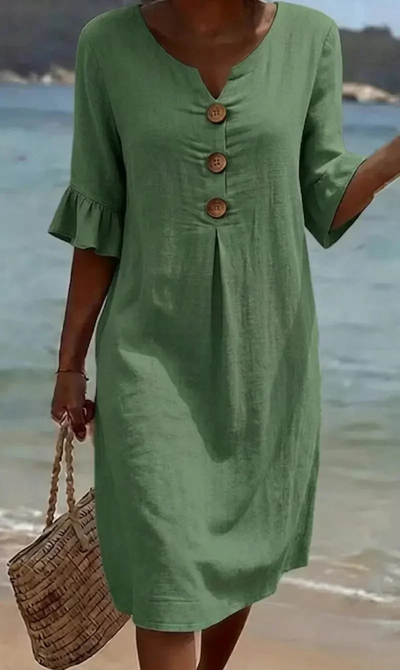 Womens_Summer_Midi_Dress_Linen_Look_with_Wooden_Buttons_and_Ruffles_5