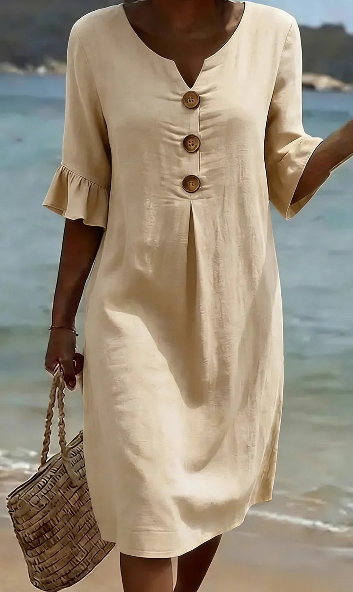 Womens_Summer_Midi_Dress_Linen_Look_with_Wooden_Buttons_and_Ruffles_7