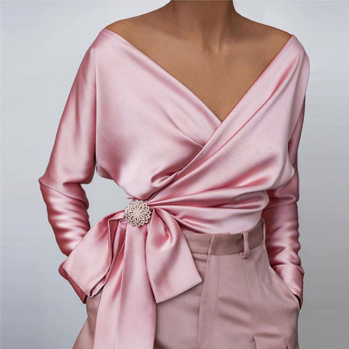 Womens_Top_Elegant_Wrap_with_Bow_and_Brooch_1