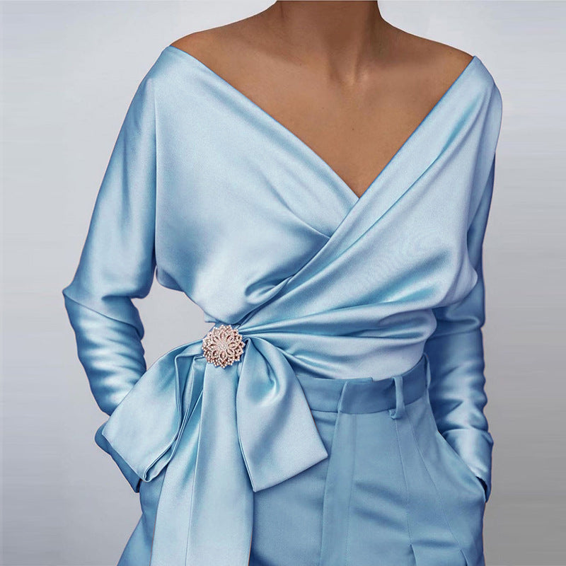 Womens_Top_Elegant_Wrap_with_Bow_and_Brooch_2