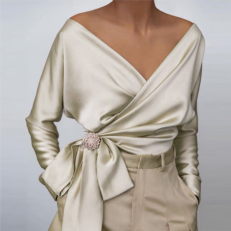 Womens_Top_Elegant_Wrap_with_Bow_and_Brooch_3
