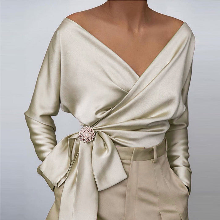 Womens_Top_Elegant_Wrap_with_Bow_and_Brooch_3
