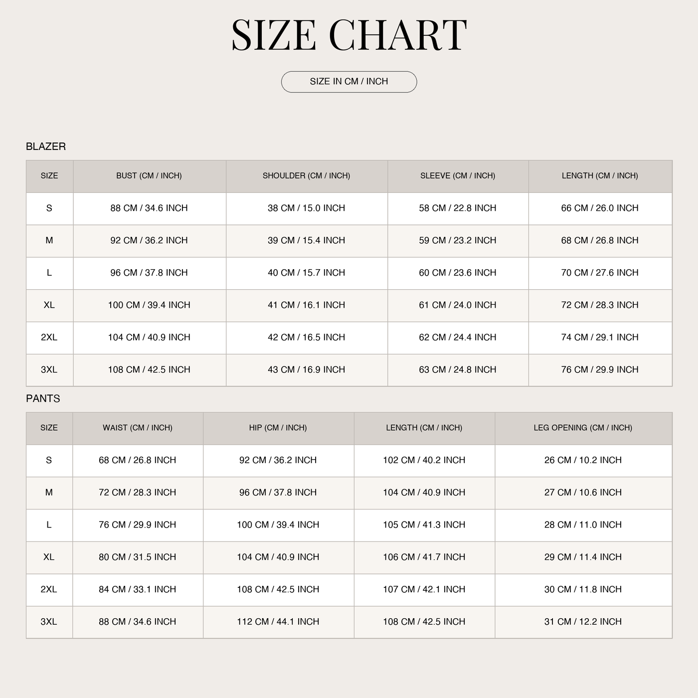 Women's Two-piece Blazer Set – Sophisticated size chart