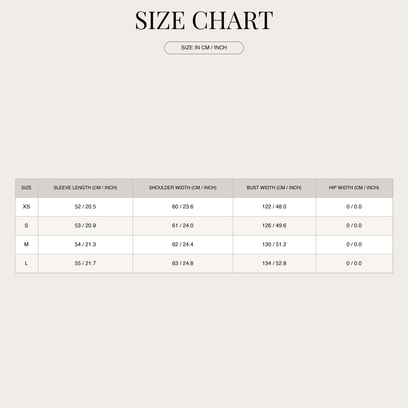 Women's Zip Hoodie – Oversize Fit with Front Zipper size chart