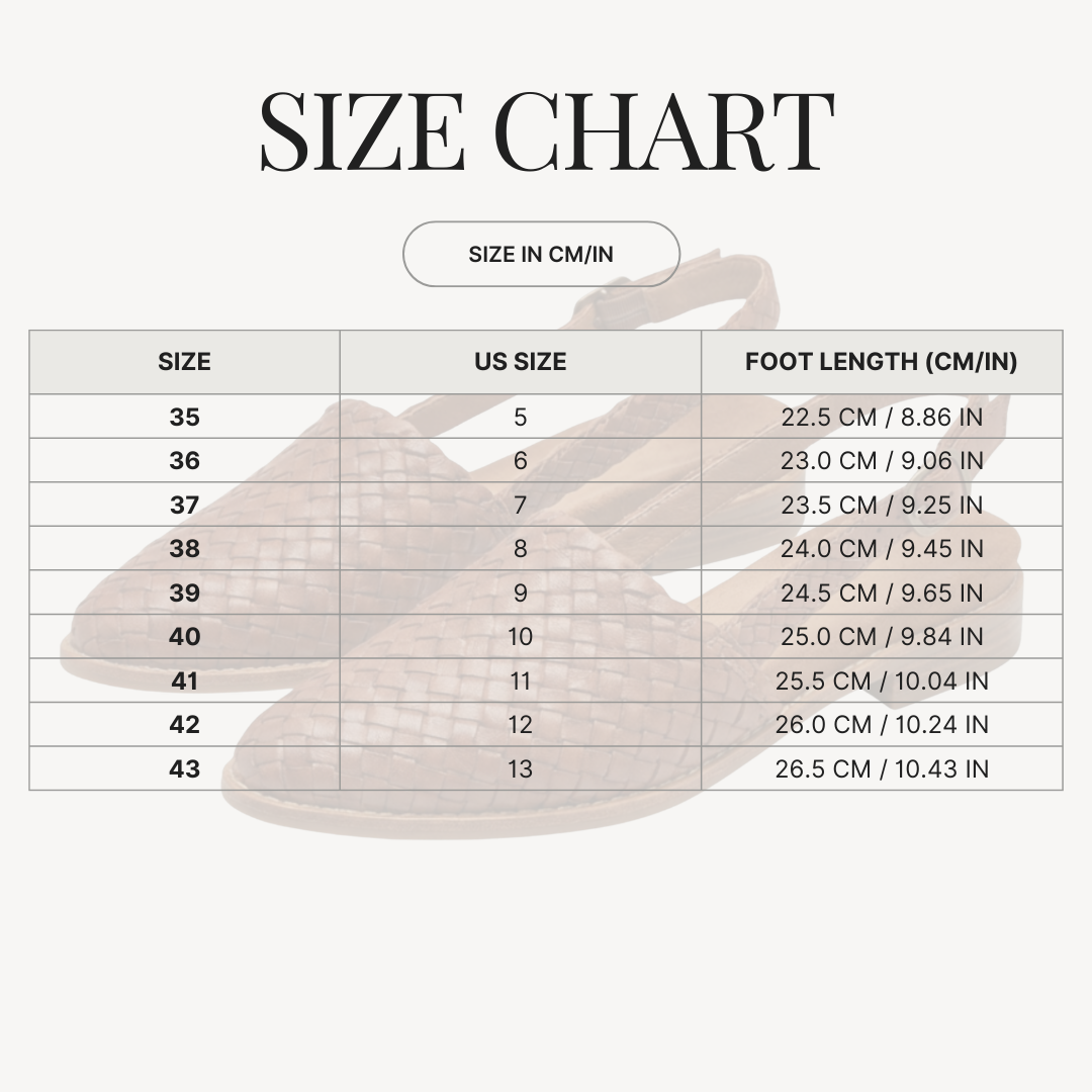 Woven Slingback Flats with Adjustable Strap for Women size chart