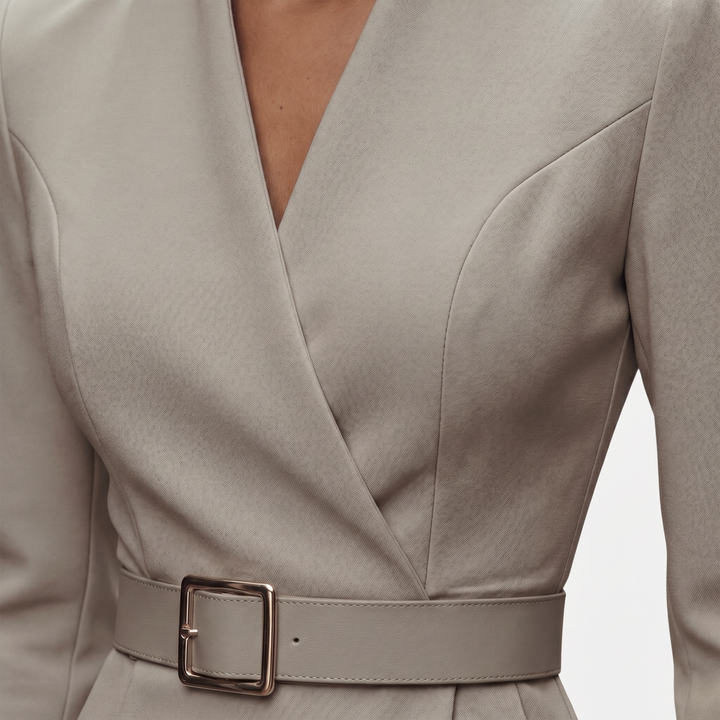 Wrap Neck Midi Dress with Square Buckle Waist Belt for Women