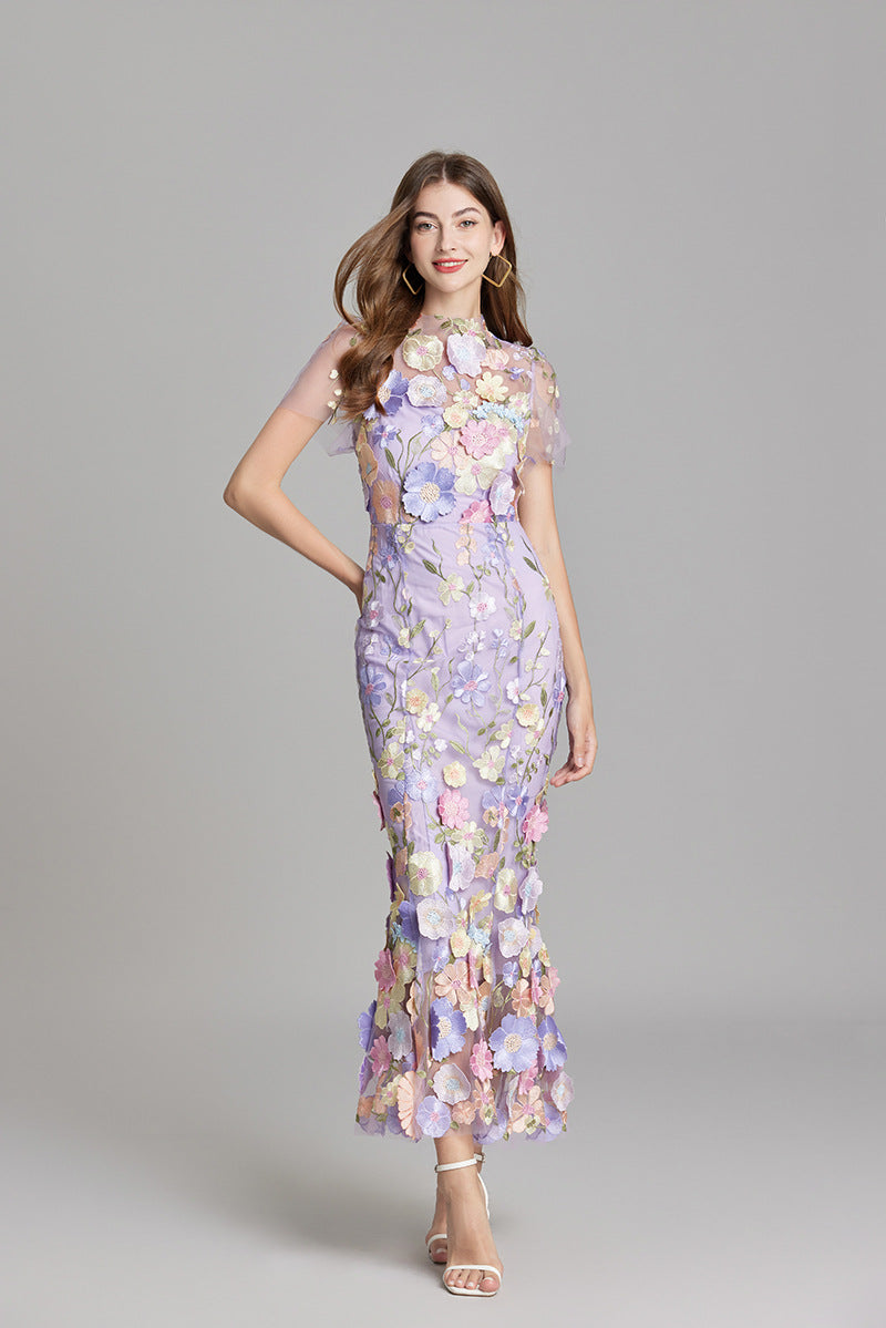 Tulle Floral Evening Dress with 3D Appliques for Women