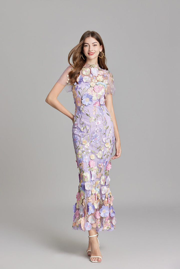 Tulle Floral Evening Dress with 3D Appliques for Women