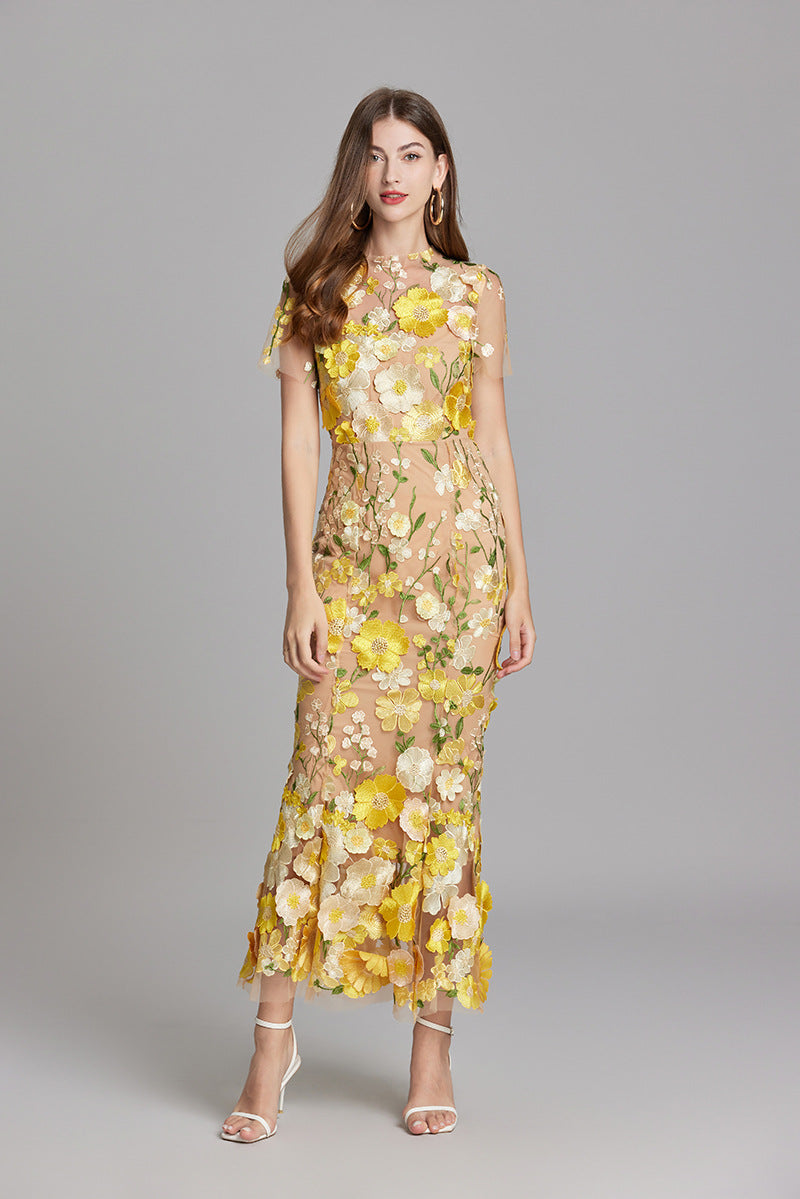 Tulle Floral Evening Dress with 3D Appliques for Women